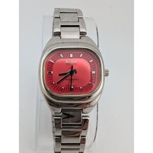 Activa Swiss Watch Women 26mm Case Red Dial 7.5" Silver Band- New Battery